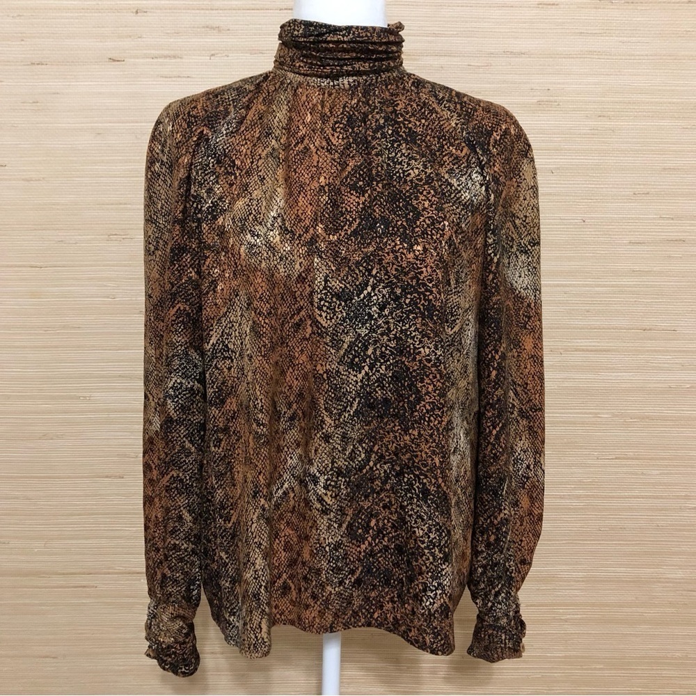 Neiman Marcus 100% Silk Brown Snake Print Mock Neck Long Sleeve Button Up Blouse